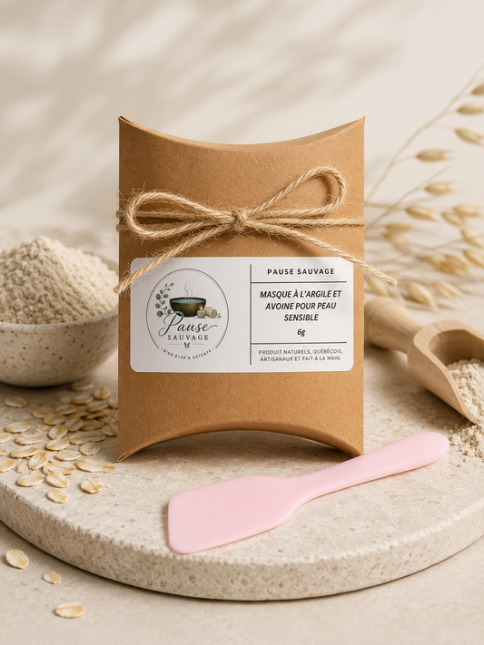 Masque à l'argile et avoine Pause Sauvage, 6 g de poudre dans son emballage kraft noué à la main