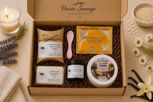 Coffret Pause Sauvage ouvert, garni de frisure, prêt à offrir