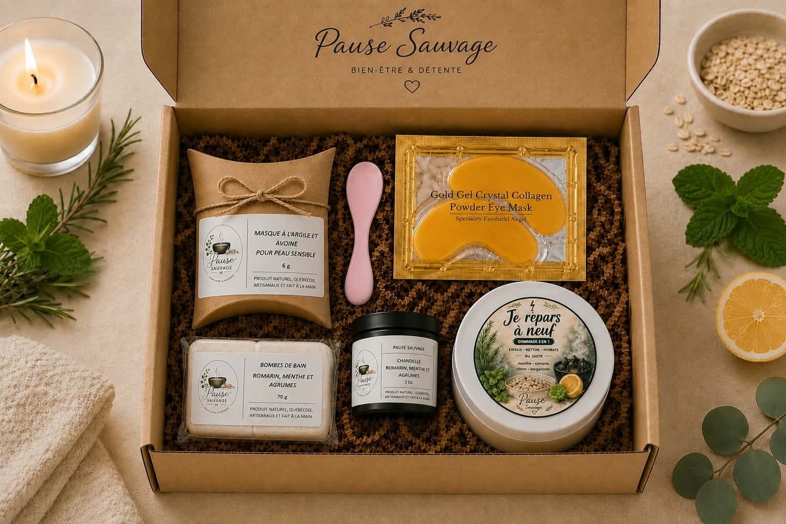 Les cinq soins de l'ensemble Pause Sauvage disposés côte à côte